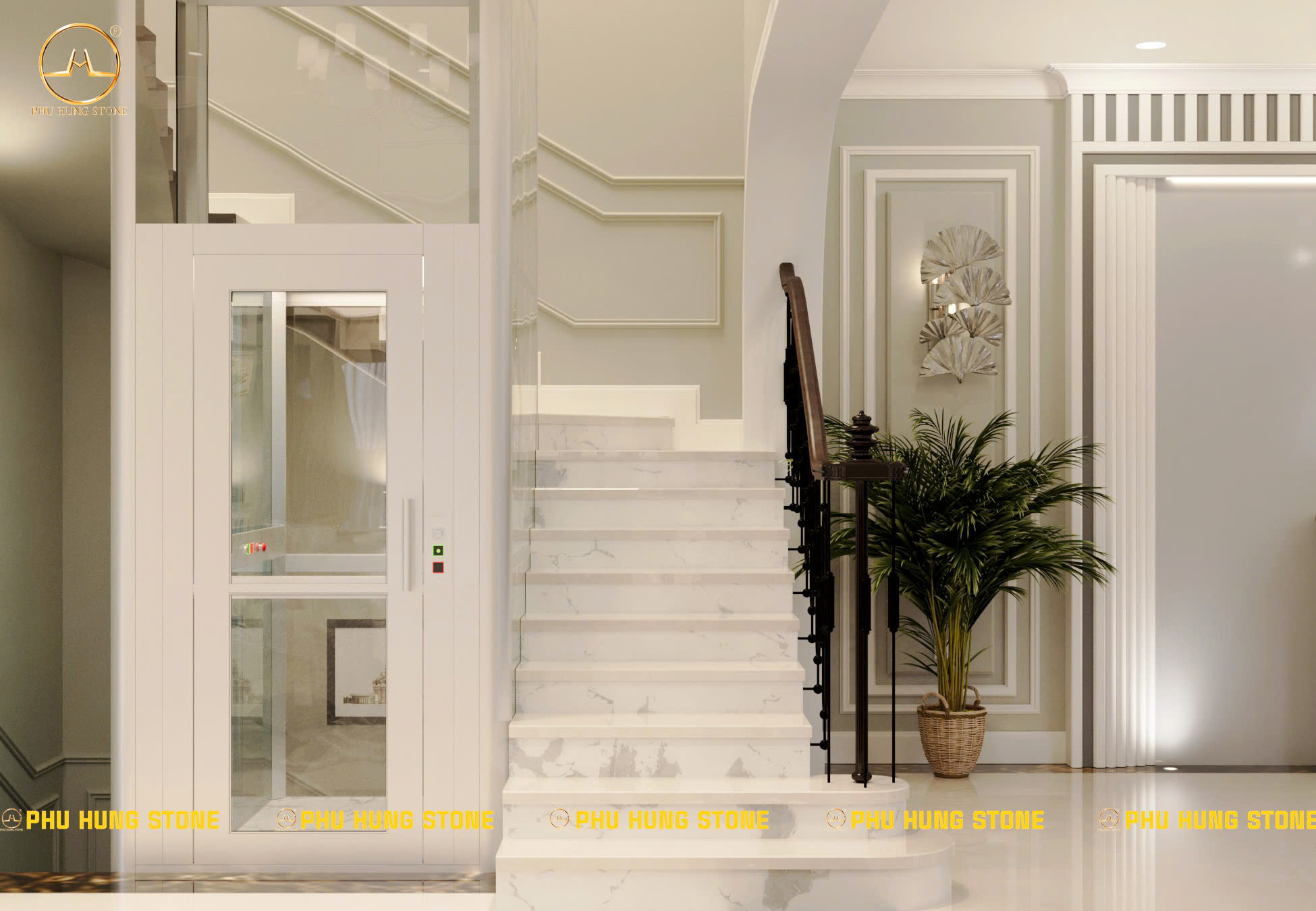Hình ảnh Cầu thang ốp đá marble tự nhiên Kem Ngọc Lan