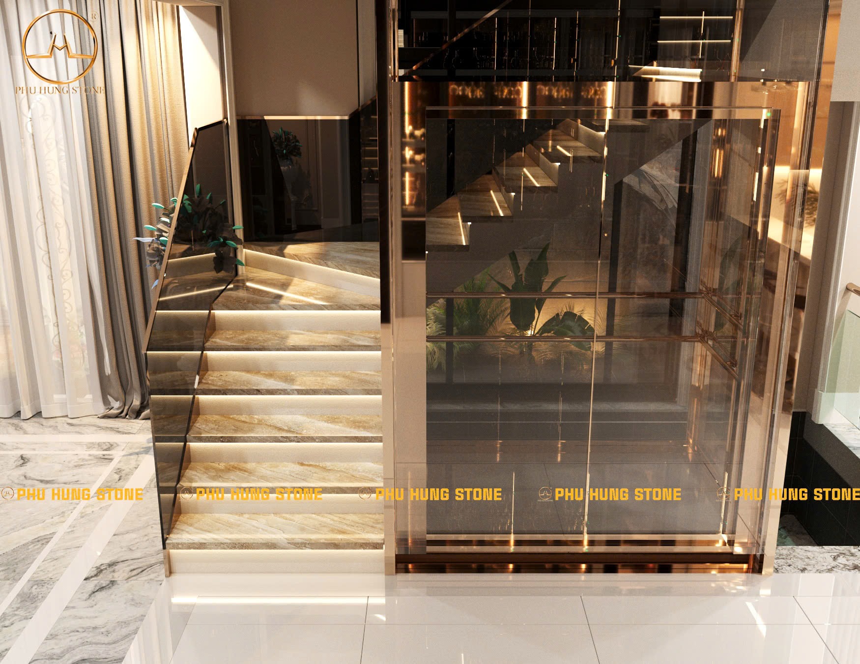 Hình ảnh Cầu thang ốp đá marble vân gỗ đẹp sang trọng