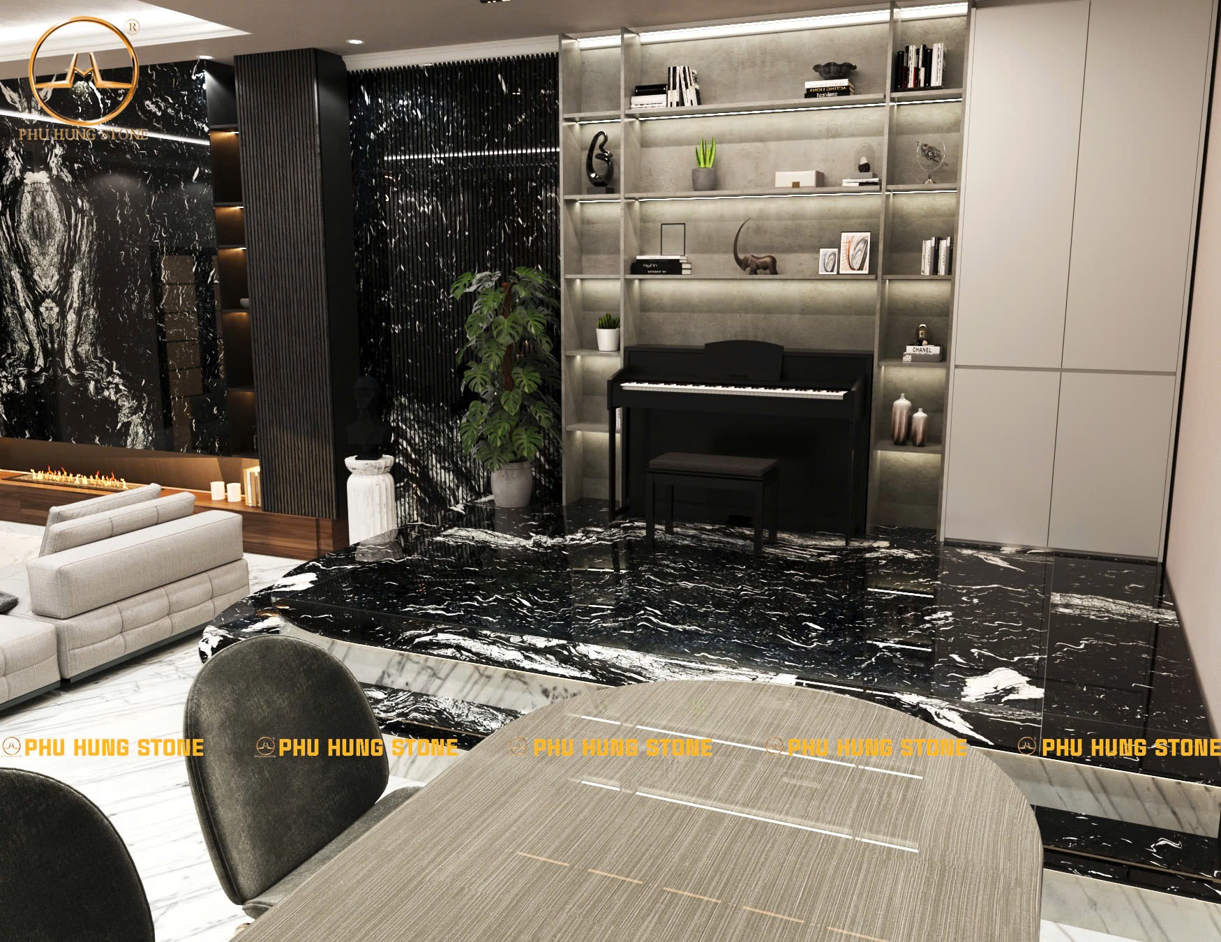 Hình ảnh Đá Granite Laguna Black trang trí phòng khách