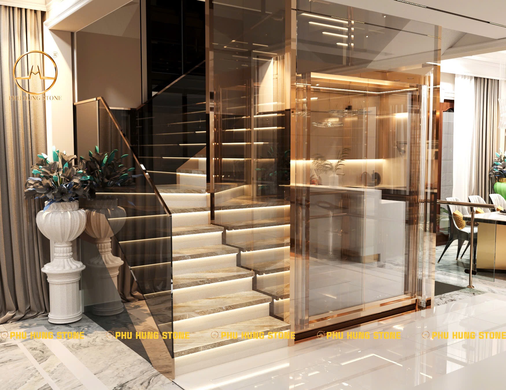 Hình ảnh Đá ốp cầu thang nhà phố tân cổ điển marble vân gỗ