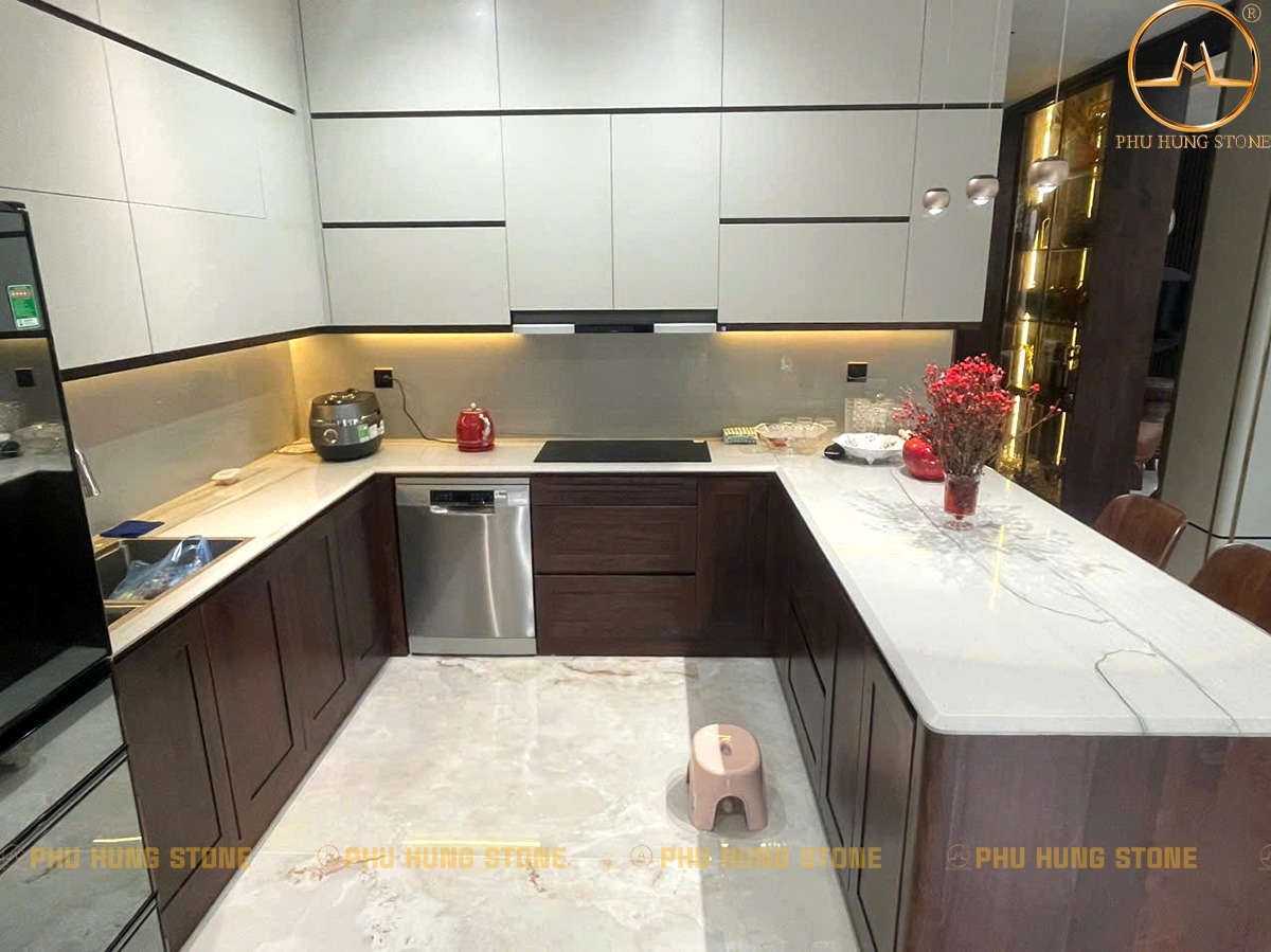 Hình ảnh Đá Quartz Kalahari Blue làm mặt bàn đảo đẹp