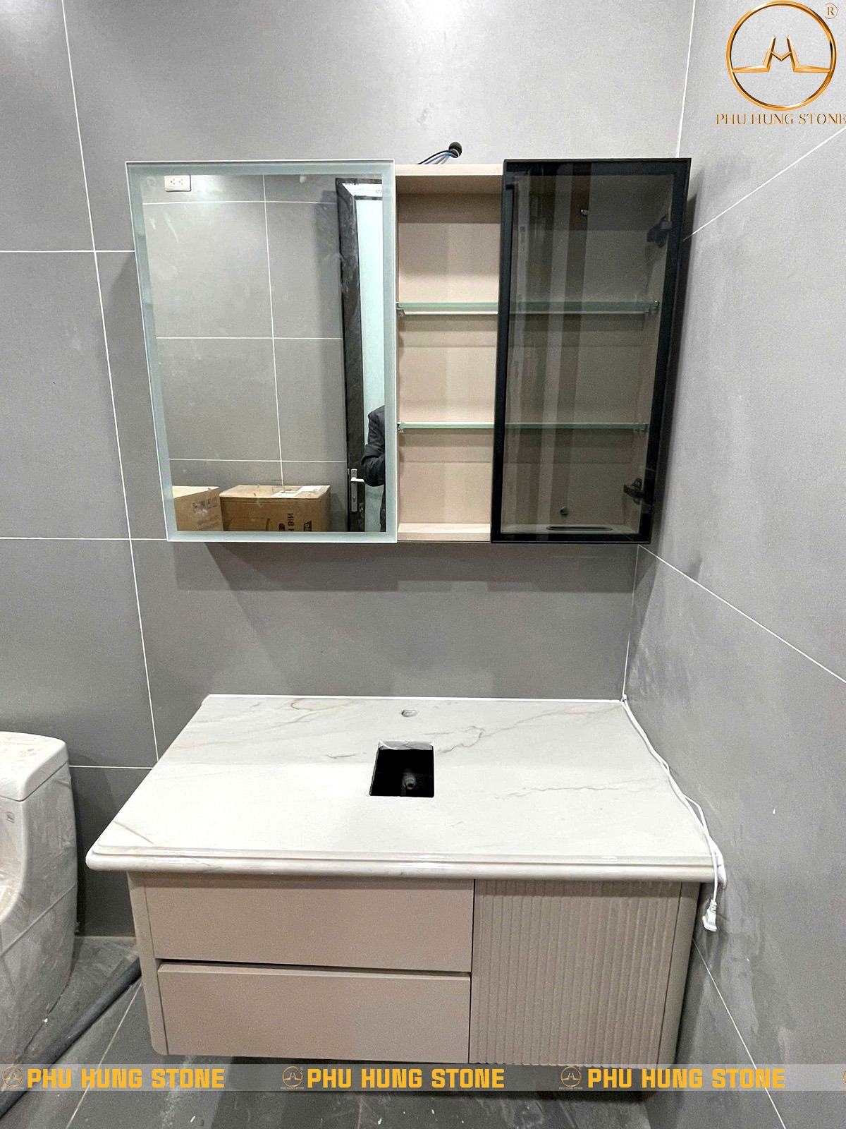 Hình ảnh Đá quartz thạch anh làm mặt bàn lavabo