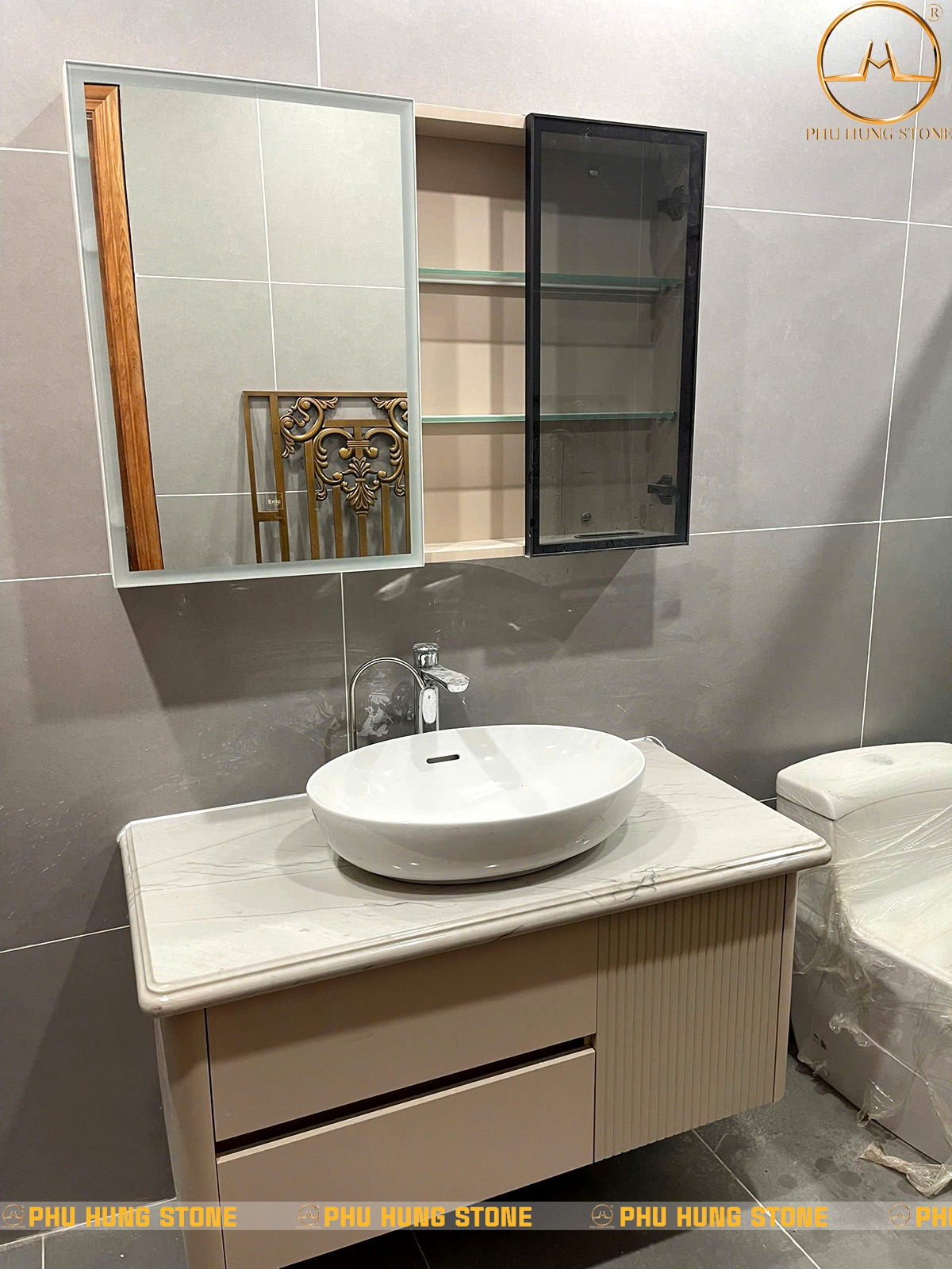 Hình ảnh Đá thạch anh Bianco ốp mặt Lavabo đẹp tinh tế