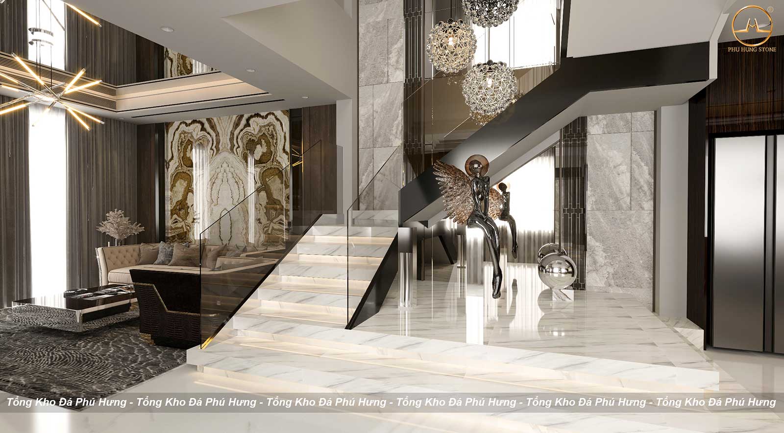 Hình ảnh Mẫu đá marble màu trắng ốp cầu thang đẹp
