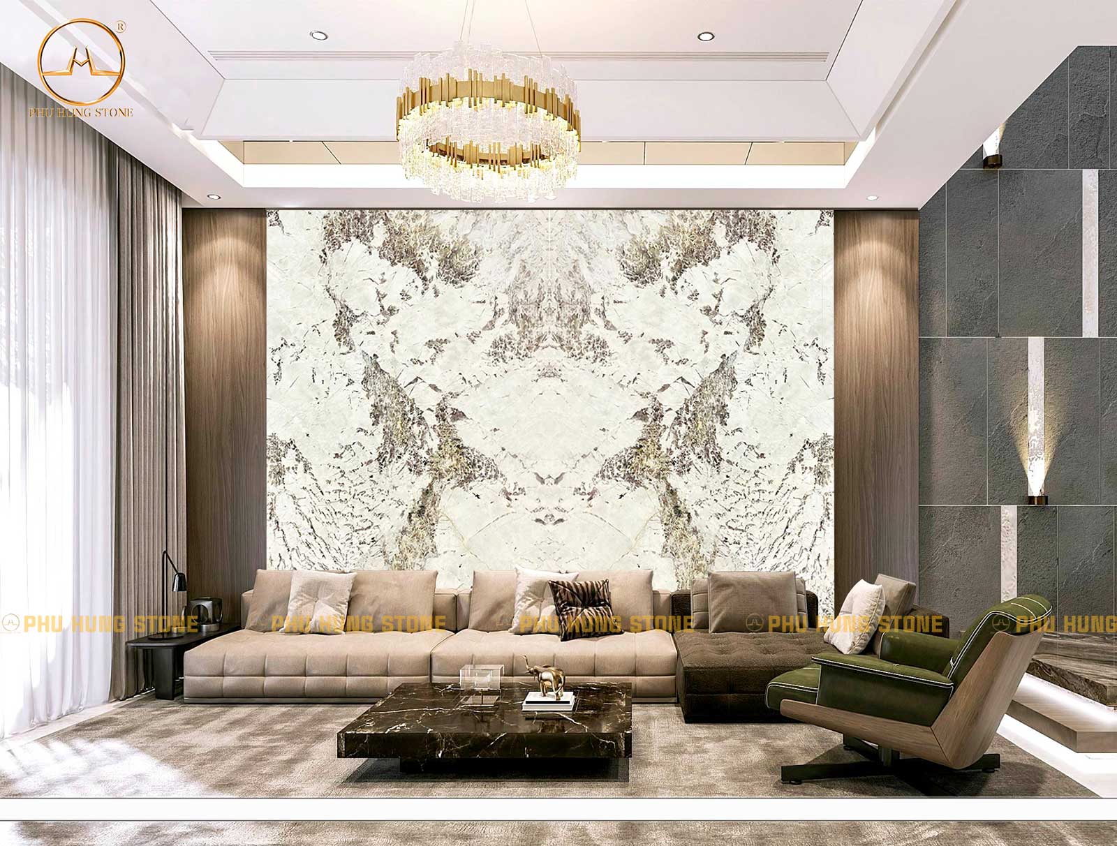 Hình ảnh Mẫu tranh đá đối xứng vân Alabaster