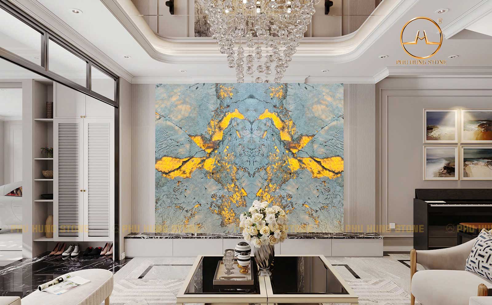 Hình ảnh Tranh đá Alabaster đối xứng vân xuyên sáng