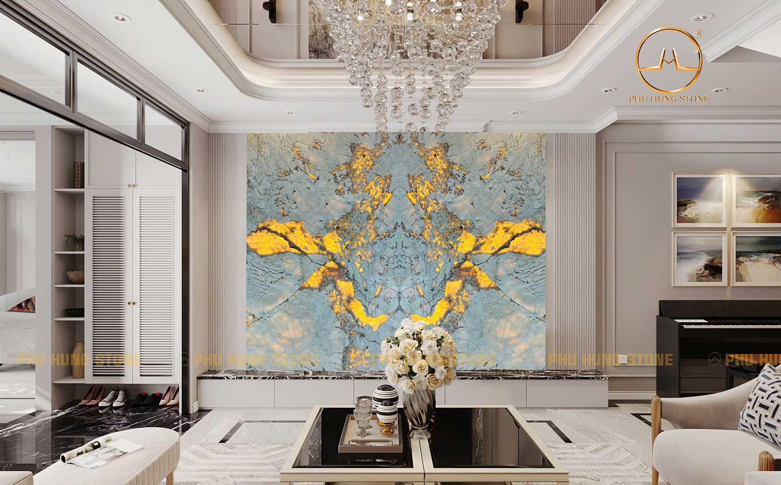 Hình ảnh Tranh đá Alabaster xuyên sáng ghép đối vân