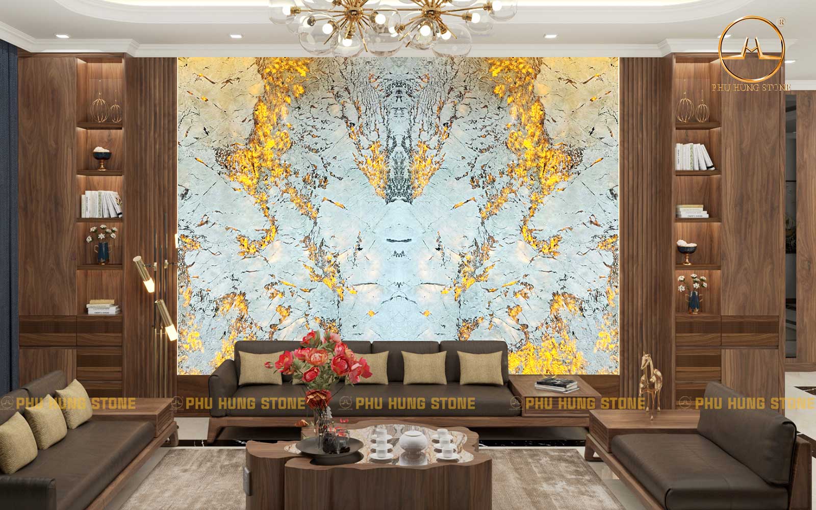 Hình ảnh Tranh đá đối vân Alabaster White xuyên sáng