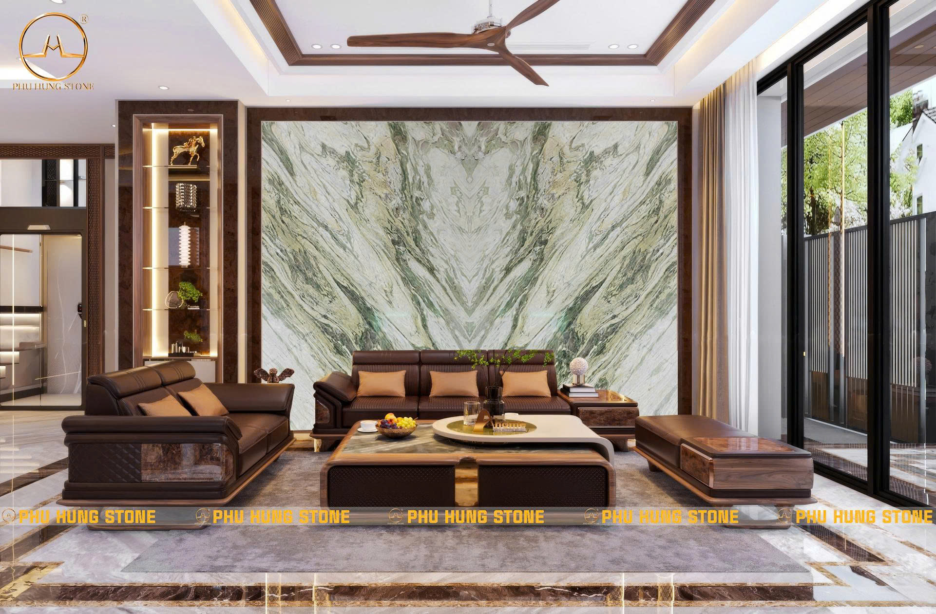 Hình ảnh Tranh đá đối xứng Granite Milano màu xanh