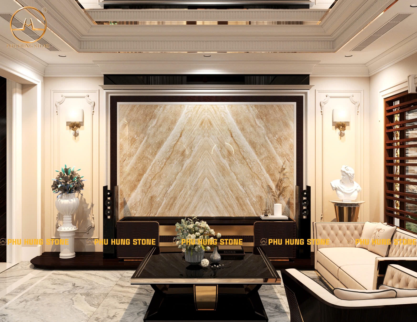 Hình ảnh Tranh đá marble vân gỗ ghép đối vân đẹp