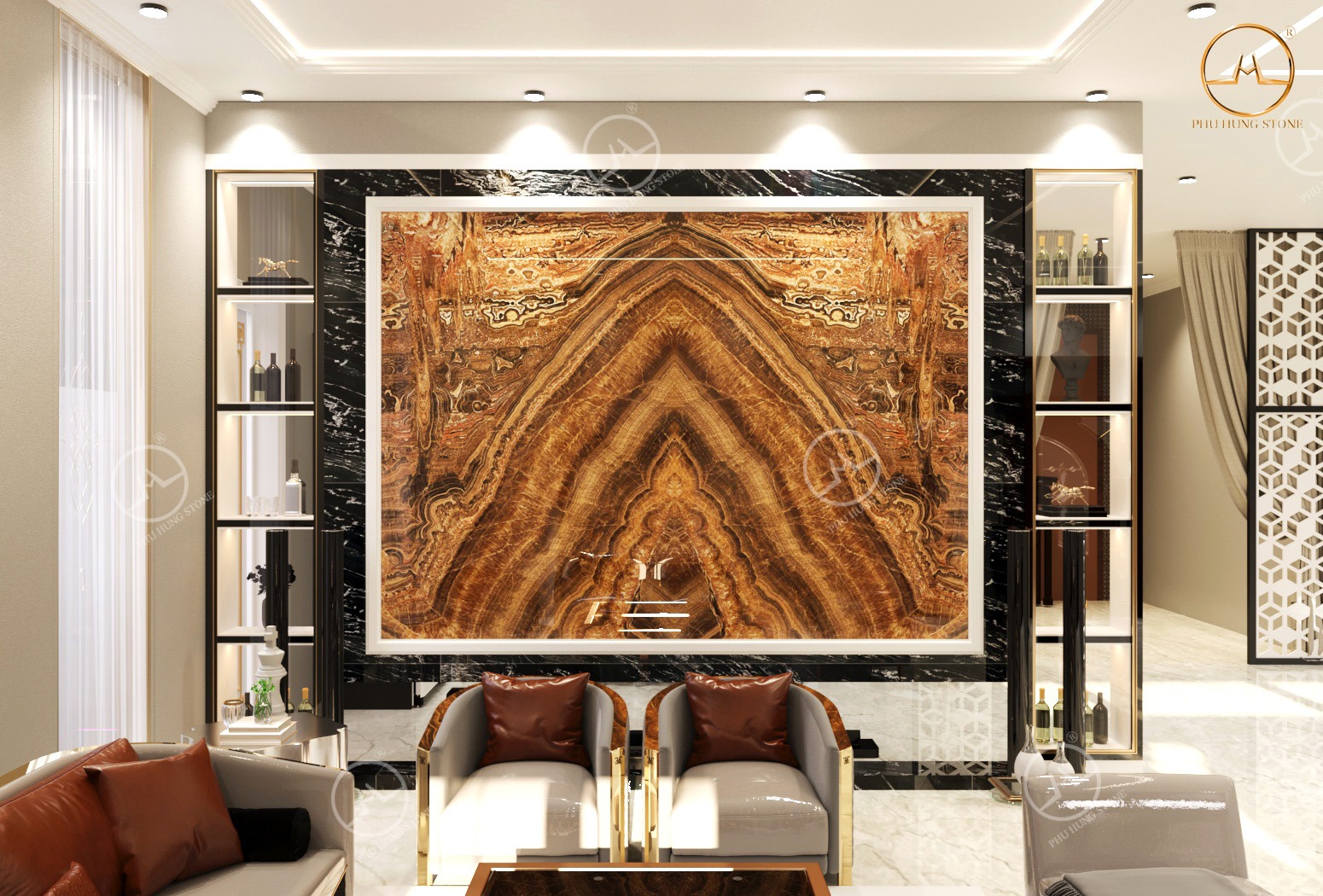 Hình ảnh Tranh đá Onyx Ngọc cổ điển ghép đối xứng