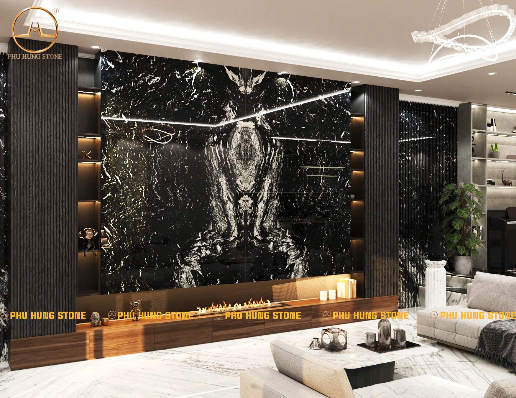 Hình ảnh Tranh đá phòng khách Granite Laguna Black